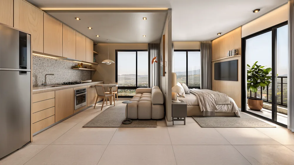 Interior de apartamento, sala integrada à cozinha com vista para a varanda
