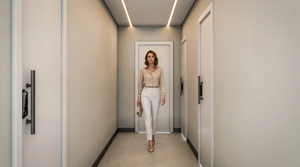 Moradora saindo de uma unidade, no corredor de acesso