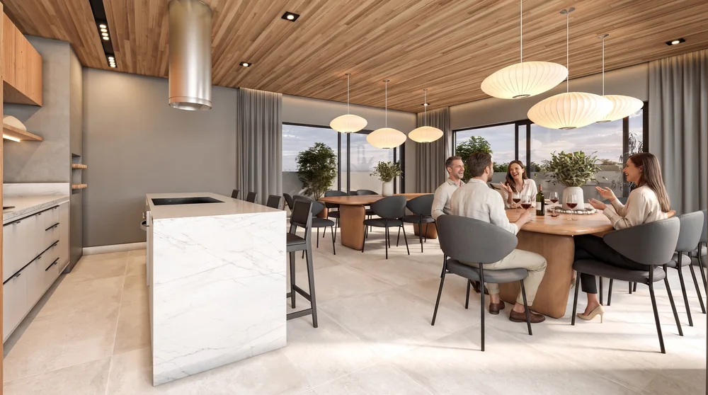Espaço gourmet com pessoas reunidas à mesa