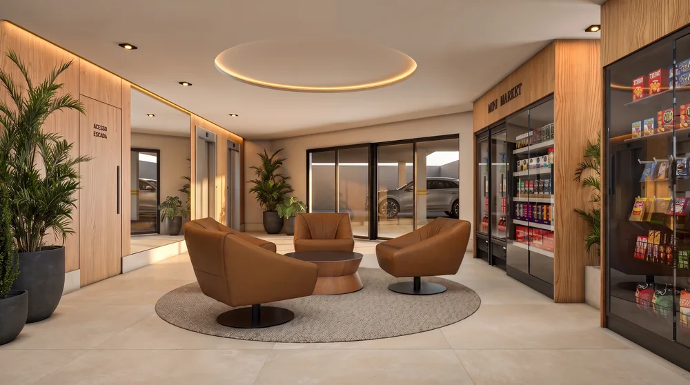 Lounge de entrada com poltronas e o market ao fundo