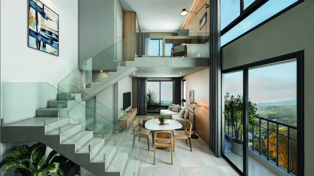 Interior de loft duplex, com escada e mezanino