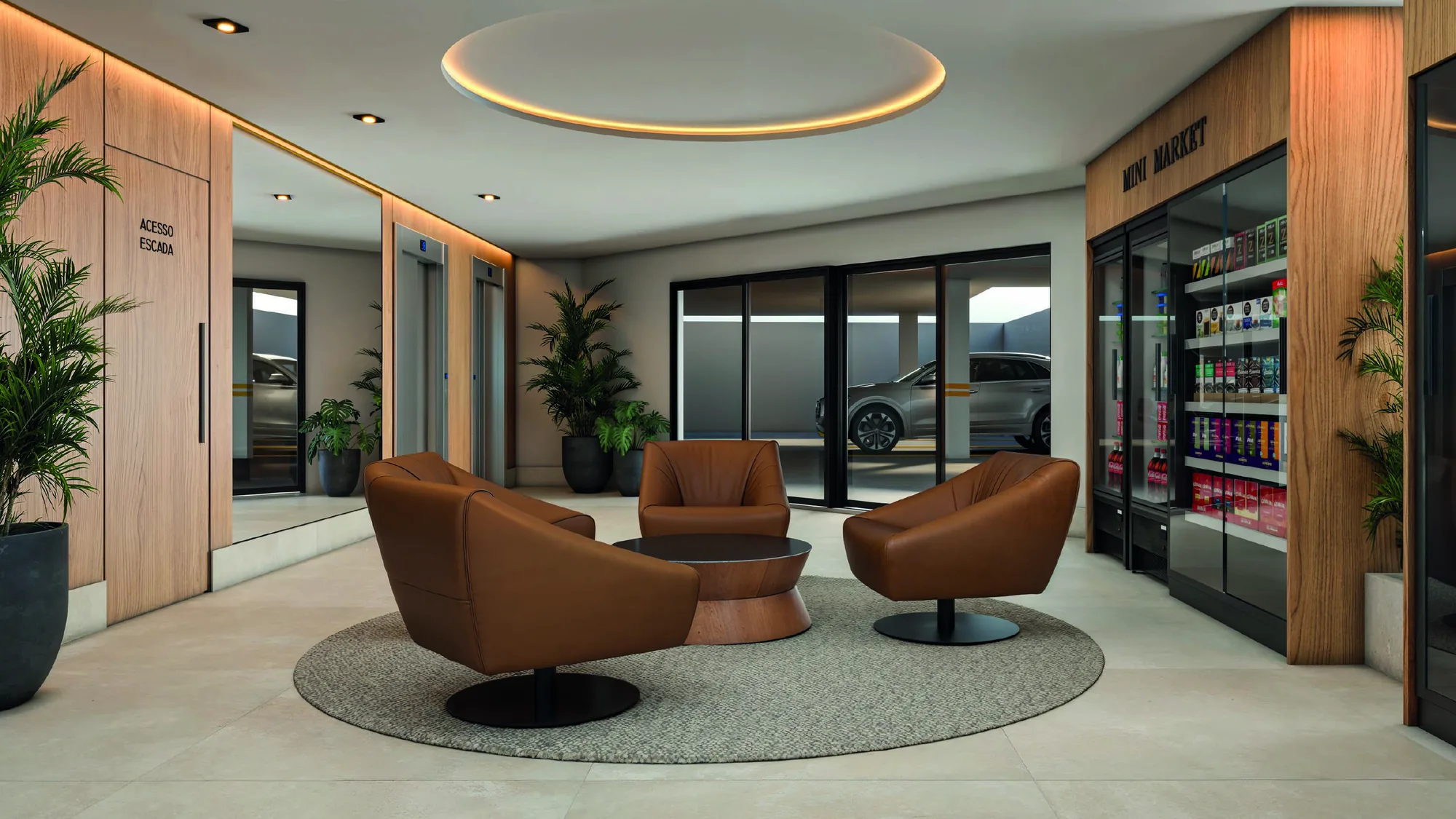 Lounge de entrada com poltronas e o market ao fundo