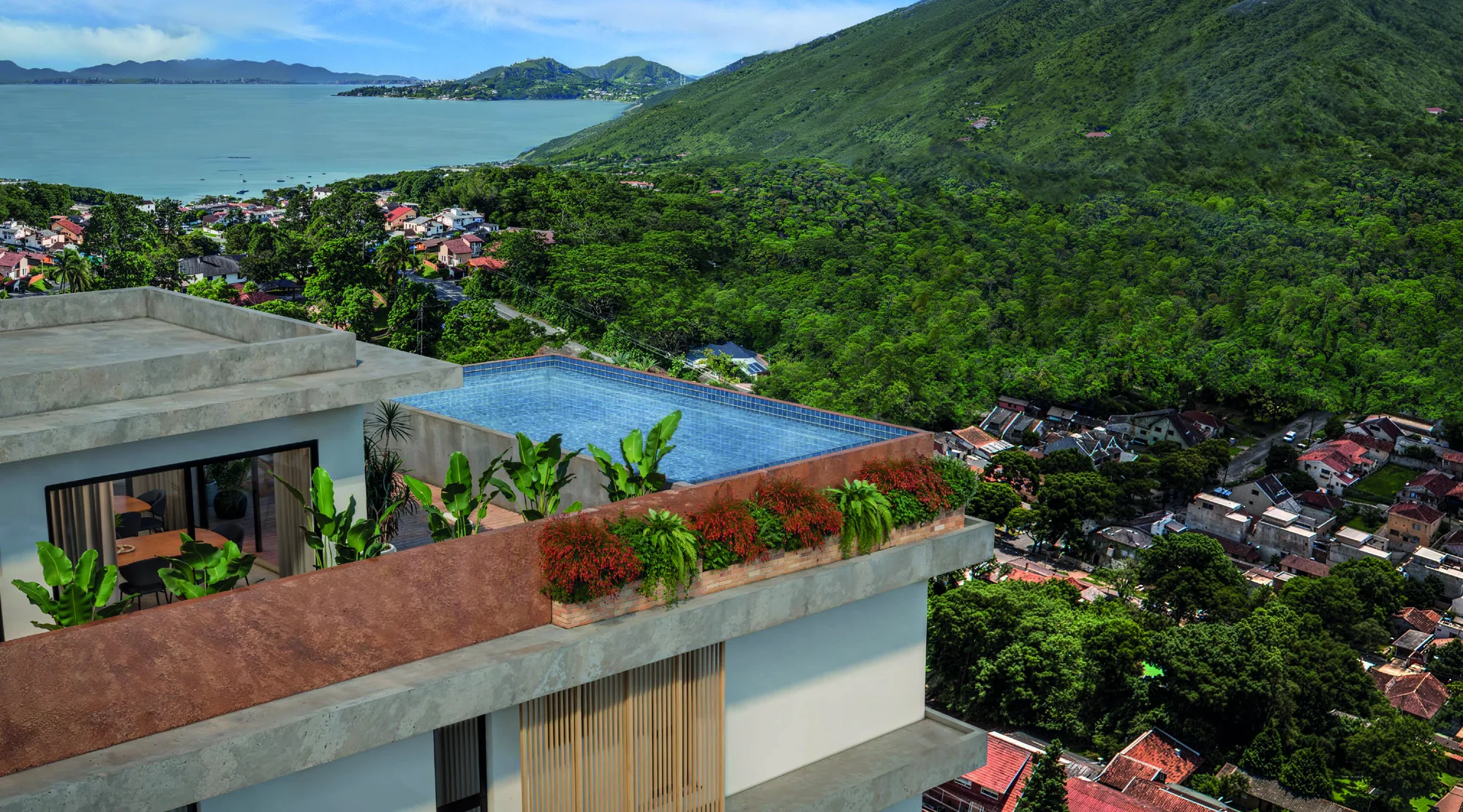 Piscina no rooftop com vista para a baía e a vila